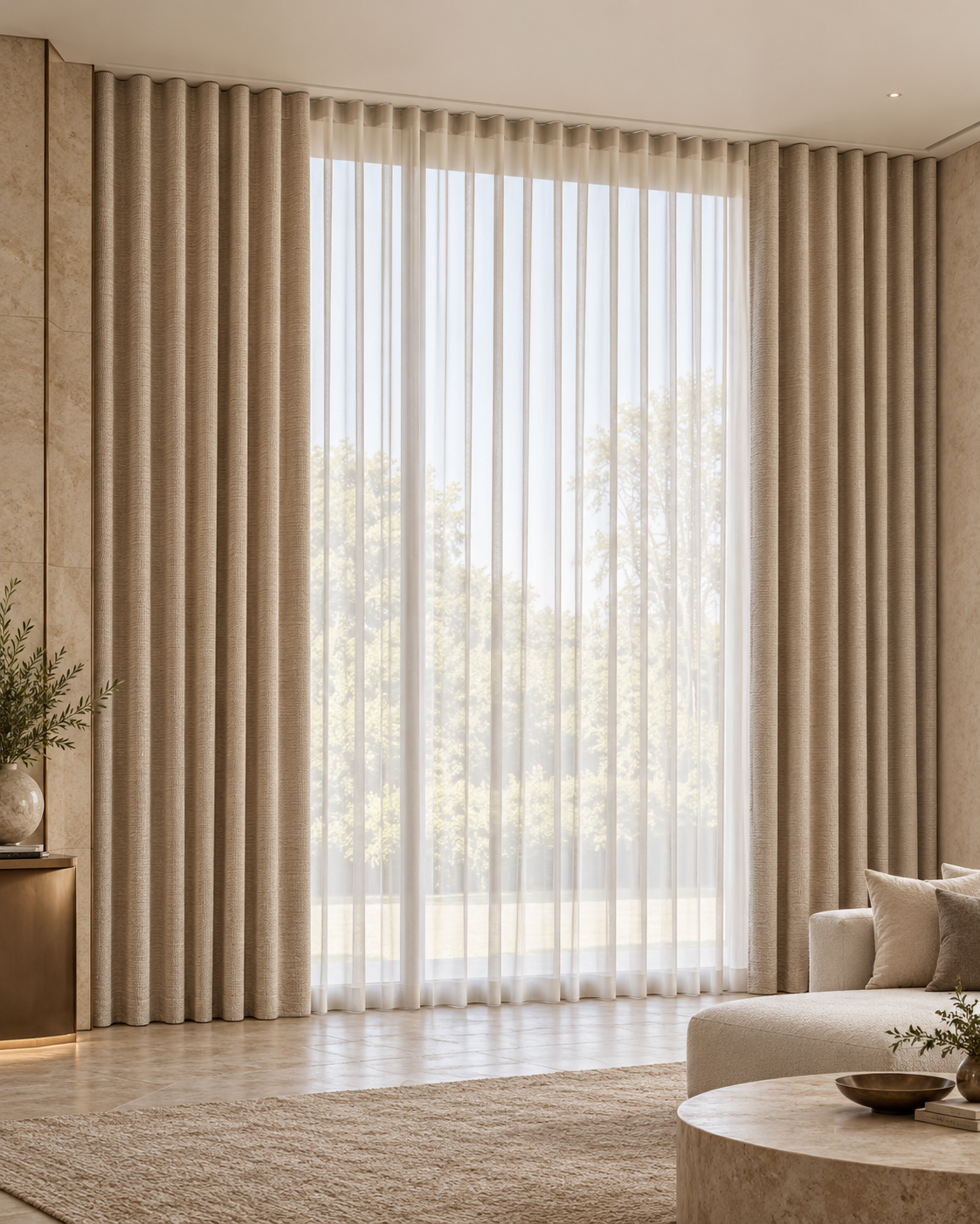 Luxury living room with full-height champagne ripple-fold curtains and ivory sheers